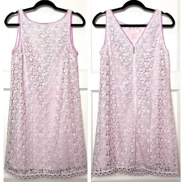 KATE SPADE Leaf Floral Lace Crochet Trim Sleeveless Pastel V-Back Shift Dress 4 - Picture 2 of 4